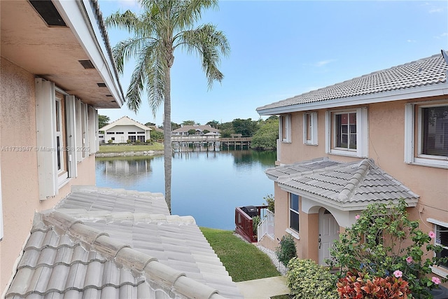 exterior space with a water view