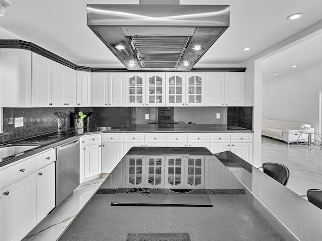 kitchen with dishwasher, white cabinetry, dark stone countertops, ventilation hood, and decorative backsplash