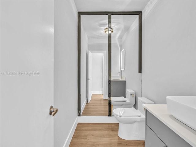 bathroom featuring crown molding, vanity, toilet, and wood-type flooring