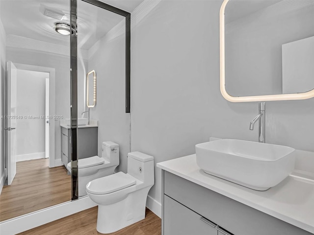 bathroom with vanity, wood-type flooring, toilet, and a bidet