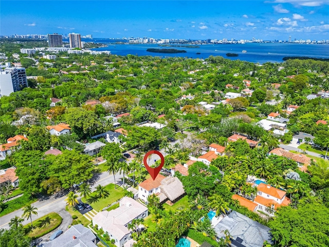 aerial view featuring a water view