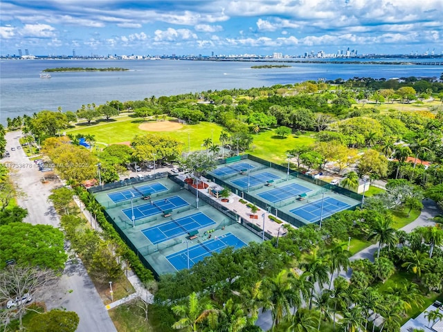 birds eye view of property featuring a water view