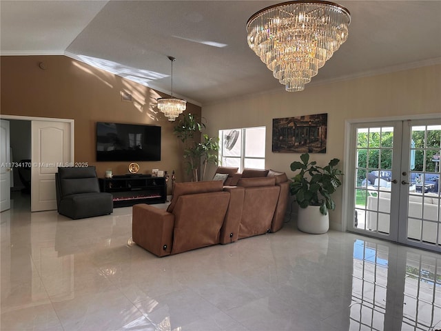 living room with french doors, lofted ceiling, ornamental molding, and a chandelier