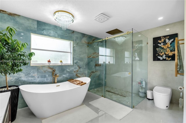 bathroom featuring shower with separate bathtub, tile walls, and toilet