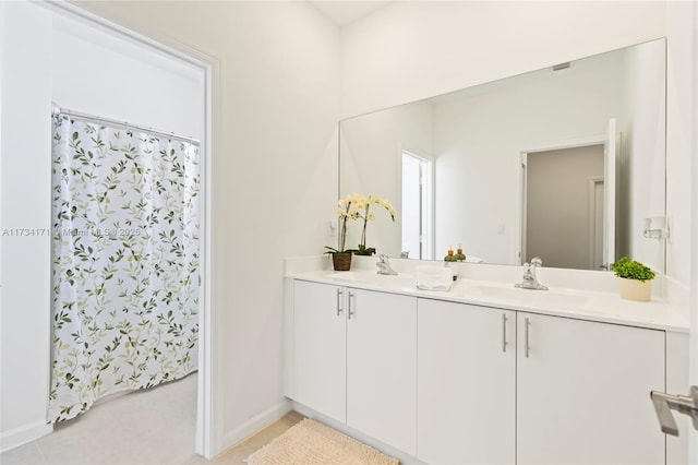 14823 SW 163rd Ter, Miami, FL 33187 - full bathroom featuring double vanity, baseboards, tile patterned flooring, and a shower with curtain
