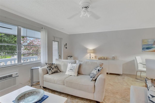 living room featuring a wall mounted air conditioner, a textured ceiling, ceiling fan, and light tile patterned floors