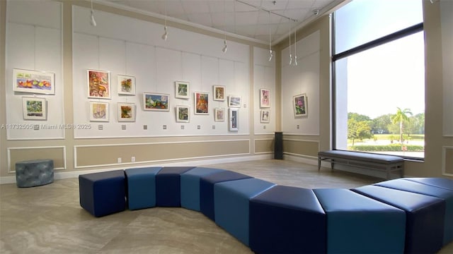 interior space with a towering ceiling and ornamental molding