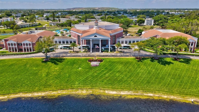 drone / aerial view with a water view