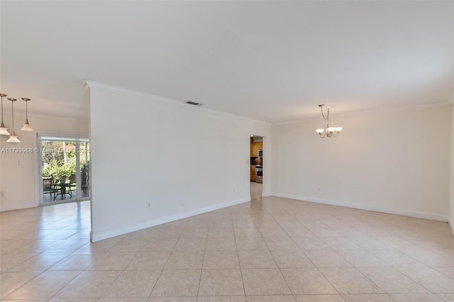 spare room with an inviting chandelier, baseboards, light tile patterned floors, visible vents, and ornamental molding