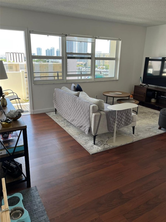 living room featuring dark hardwood / wood-style flooring and a textured ceiling