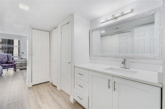 bathroom with vanity and wood-type flooring