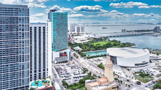 bird's eye view featuring a city view and a water view