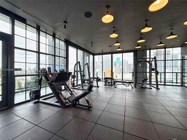 gym with a view of city and expansive windows