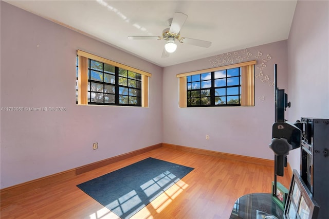 exercise room with wood-type flooring and ceiling fan