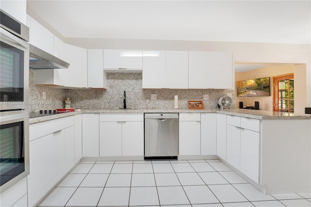 kitchen with sink, stainless steel dishwasher, kitchen peninsula, decorative backsplash, and white cabinets