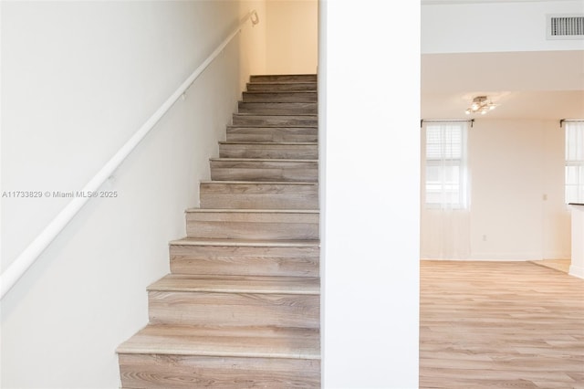 staircase featuring wood-type flooring