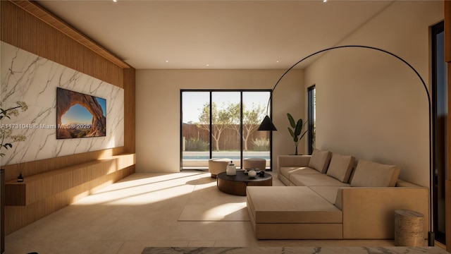 living room featuring wood walls