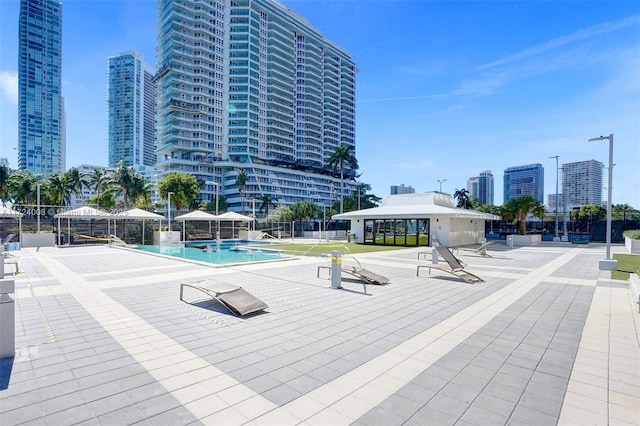 view of swimming pool featuring a patio area