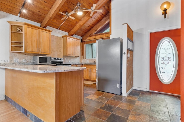 kitchen with appliances with stainless steel finishes, beamed ceiling, backsplash, wood ceiling, and kitchen peninsula