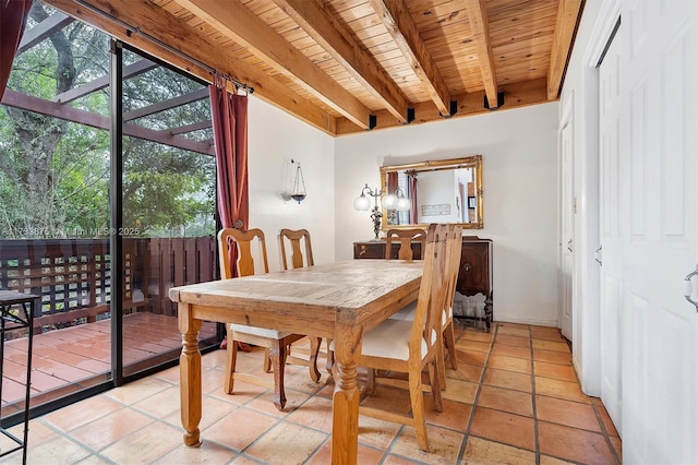 tiled dining area featuring beam ceiling and wood ceiling