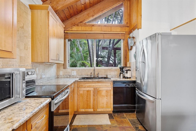 kitchen with sink, appliances with stainless steel finishes, tasteful backsplash, light stone countertops, and wooden ceiling