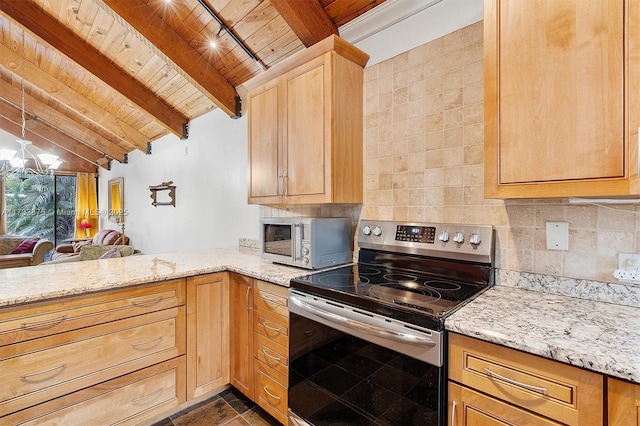 kitchen featuring stainless steel range with electric cooktop, wood ceiling, light stone counters, lofted ceiling with beams, and backsplash