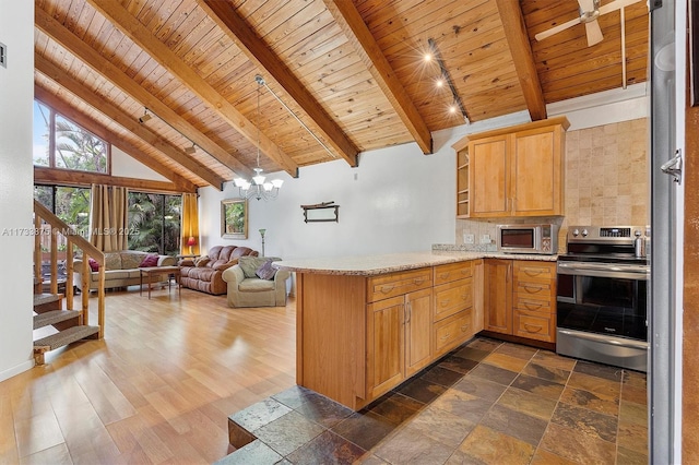 kitchen with wood ceiling, high vaulted ceiling, kitchen peninsula, beamed ceiling, and stainless steel appliances