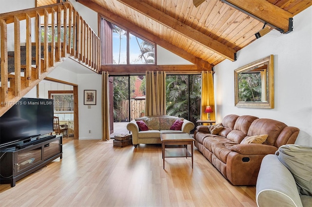 living room with high vaulted ceiling, wooden ceiling, beamed ceiling, and light wood-type flooring