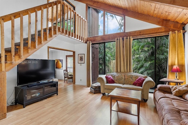 living room featuring beamed ceiling, high vaulted ceiling, light hardwood / wood-style floors, and wooden ceiling