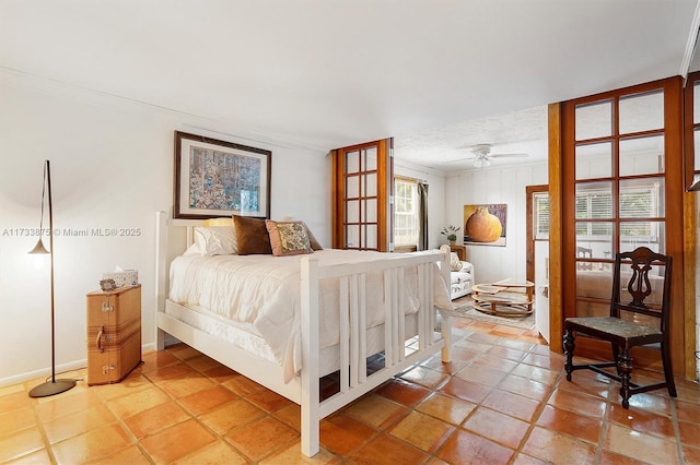 tiled bedroom featuring crown molding