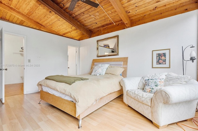 bedroom with wood ceiling, ceiling fan, lofted ceiling with beams, and light hardwood / wood-style flooring