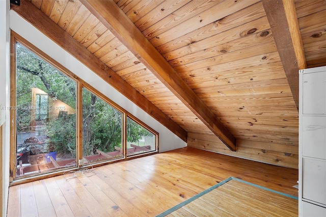 additional living space with wood-type flooring, lofted ceiling with beams, and wooden ceiling