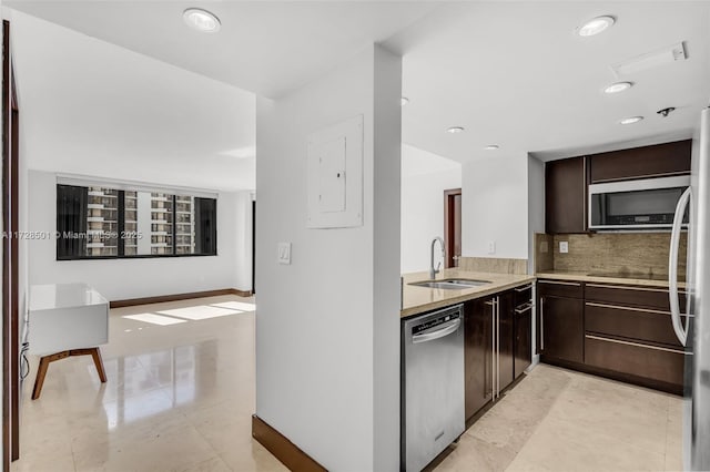 540 Brickell Key Dr Unit 1021, Miami, FL 33131 - kitchen featuring appliances with stainless steel finishes, a sink, dark brown cabinets, tasteful backsplash, and electric panel