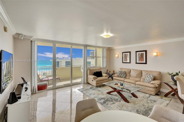 living room with a water view, a wall of windows, and ornamental molding