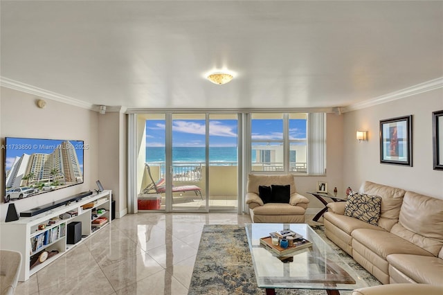living room with crown molding, baseboards, a water view, and a healthy amount of sunlight