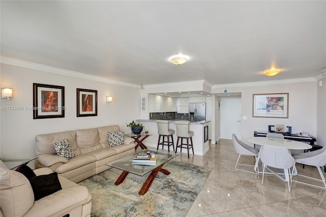 living area with crown molding, baseboards, and marble finish floor