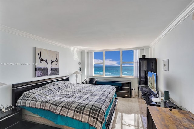 bedroom with crown molding and light tile patterned floors