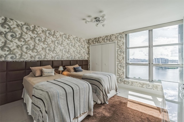 bedroom with a water view and a closet