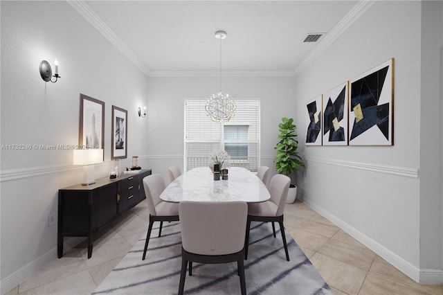 tiled dining space featuring ornamental molding and a notable chandelier