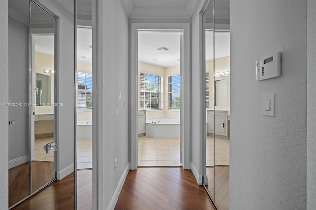 hallway featuring ornamental molding and hardwood / wood-style floors