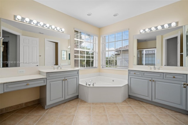 bathroom featuring vanity, tile patterned floors, and independent shower and bath