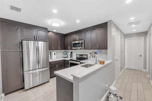 kitchen featuring sink, stainless steel appliances, dark brown cabinetry, tasteful backsplash, and kitchen peninsula