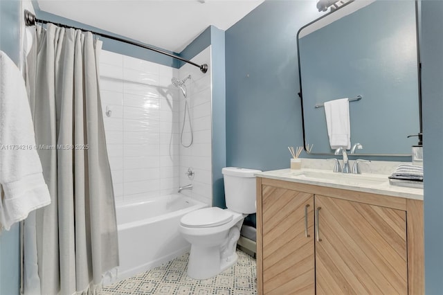 full bathroom with shower / tub combo, vanity, and toilet