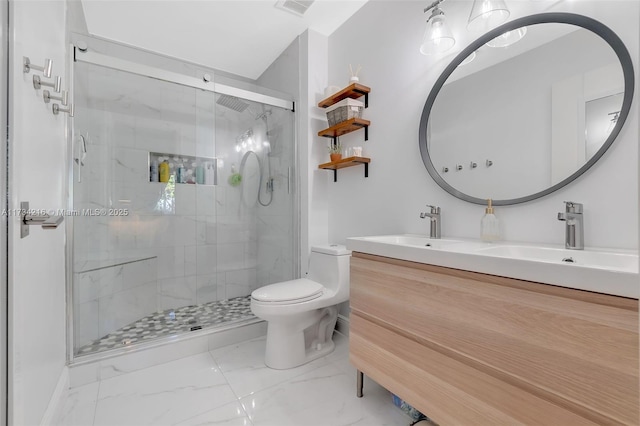 bathroom featuring walk in shower, vanity, and toilet