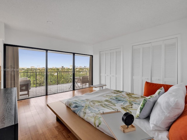 bedroom featuring multiple closets, a textured ceiling, wood finished floors, and access to outside