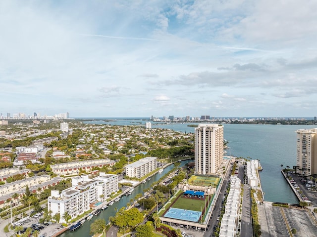 drone / aerial view with a view of city and a water view