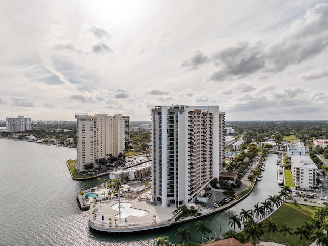 bird's eye view with a city view and a water view