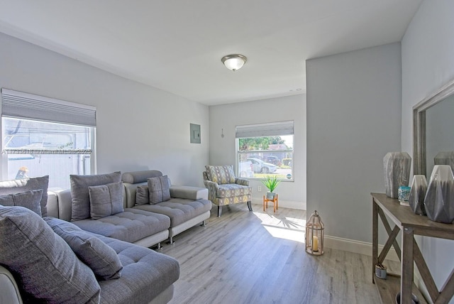 living room with electric panel and light wood-type flooring