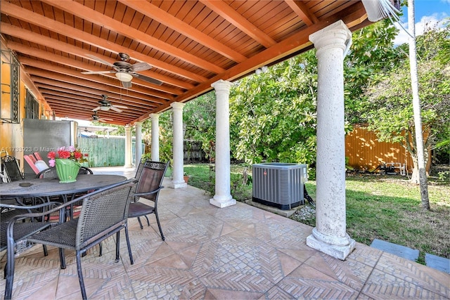 view of patio / terrace with ceiling fan and central air condition unit