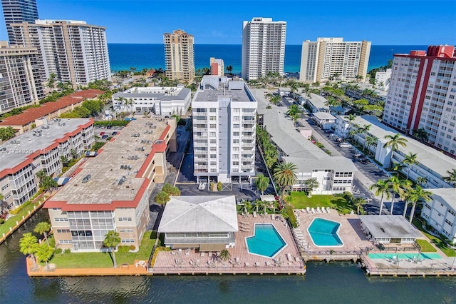 bird's eye view with a water view